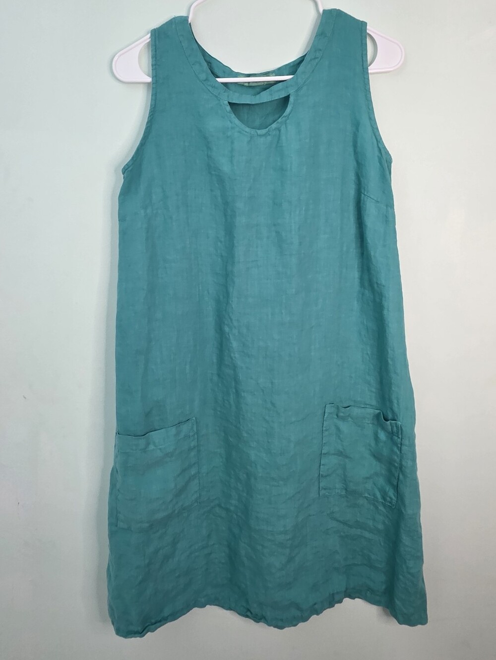 Cut Loose 100% Linen Turquoise Sleeveless Pocket Dress XS Made in USA